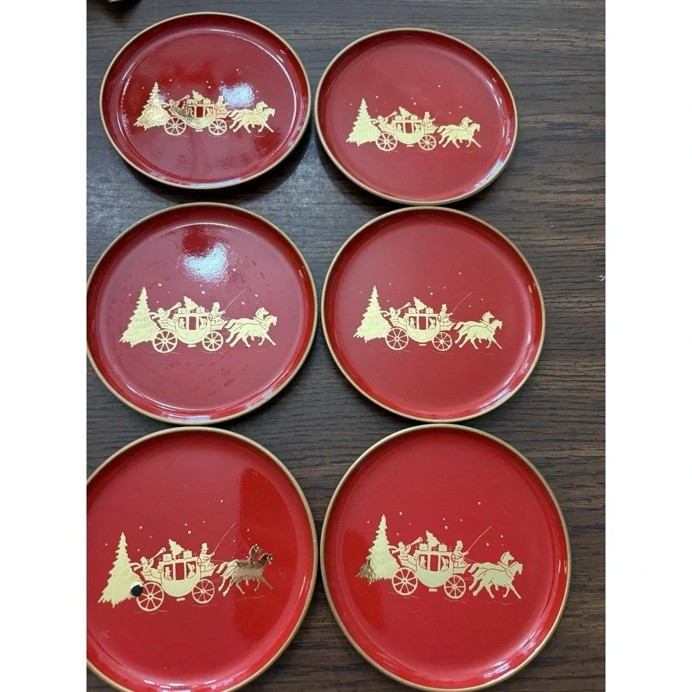 Vintage 1960s-70s Christmas Coasters Red Gold Horse Carriage Elegant